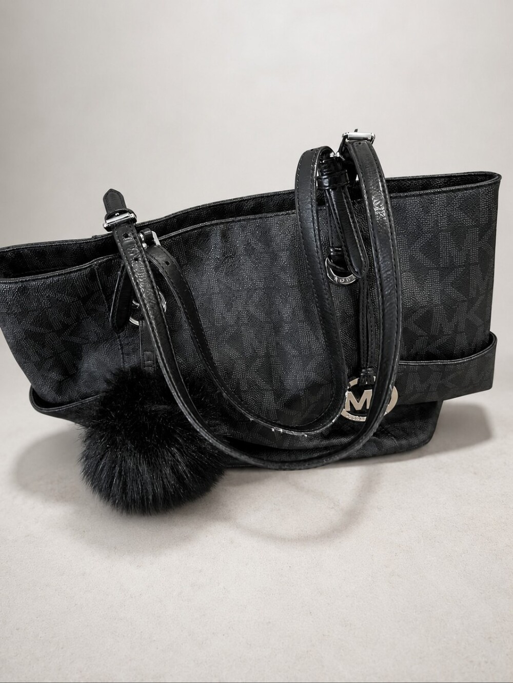 Michael Kors Black MK-Logo Tote with Pom Pom Accent